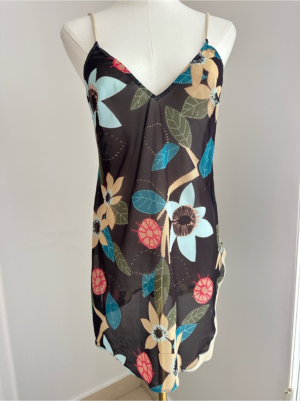 La Perla Black Floral Slip Top with Blue and Tan Flowers